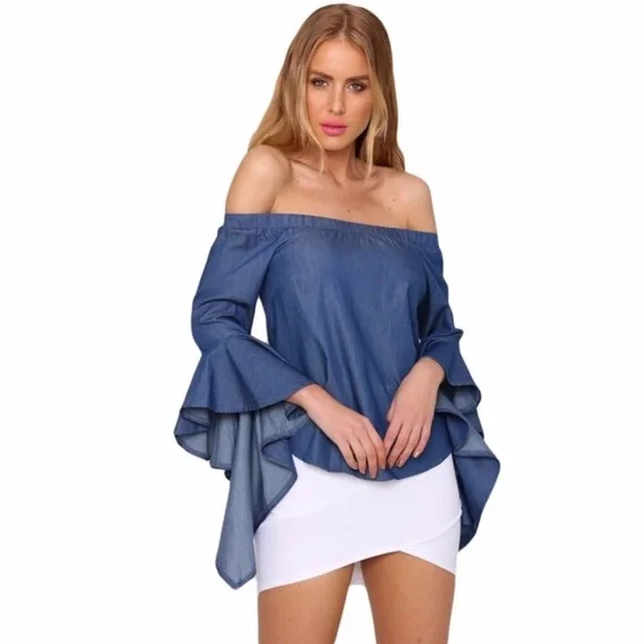 Off Shoulder Ruffled Bell Sleeve Chambray Top - Picture 1 of 7